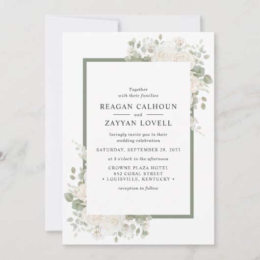 Elfenbein und Elfenbeinküste - elegante Blumengest Einladung (Vorderseite)