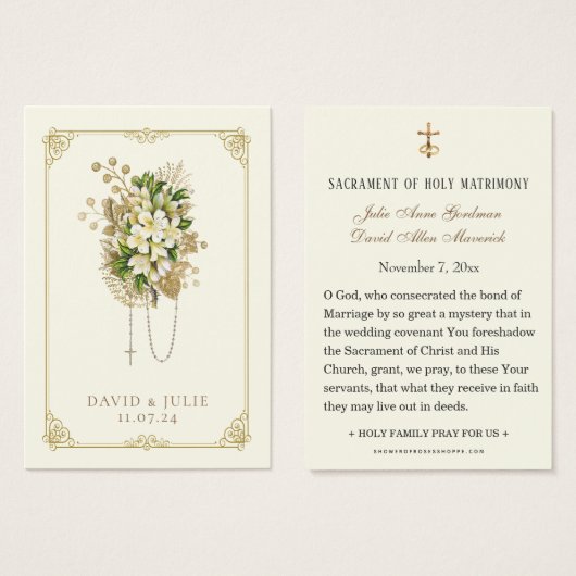 Elfenbein und Gold Hochzeitsblumengebet-Karte (Vorne & Hinten)