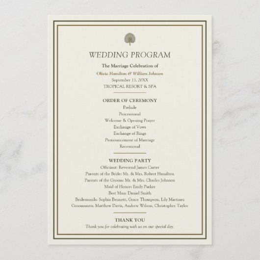 Elfenbein- und Goldpalmen-Hochzeitsprogramm Programm (Vorderseite)