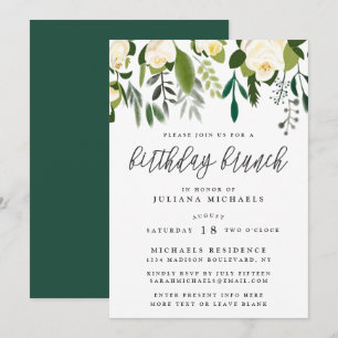 Elfenbein- und grüner botanischer Geburtstagsbrunc Einladung