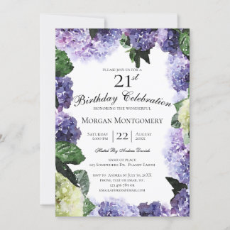 Elfenbein und Lila Hydrangeas | Weißer 21. Geburts Einladung