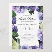 Elfenbein und Lila Hydrangeas | White 16 . Geburts Einladung (Vorne/Hinten)