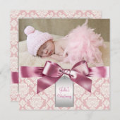 Elfenbein und rosa Damaske Baby Girl Foto Christen Einladung (Vorne/Hinten)