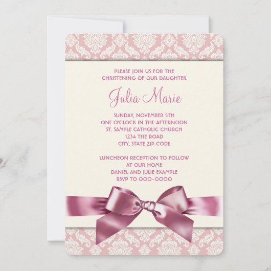 Elfenbein und rosa Damaske Baby Girl Foto Christen Einladung (Rückseite)
