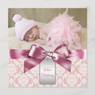 Elfenbein und rosa Damast Baby Mädchen Foto Taufe Einladung