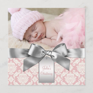 Elfenbein und rosa Damast Baby Mädchen Foto Taufe Einladung