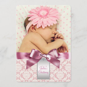 Elfenbein und rosa Damast Baby Mädchen Foto Taufe Einladung