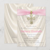Elfenbein und Rosa Kreuz Erster Kommune Satin Einladung (Vorne/Hinten)