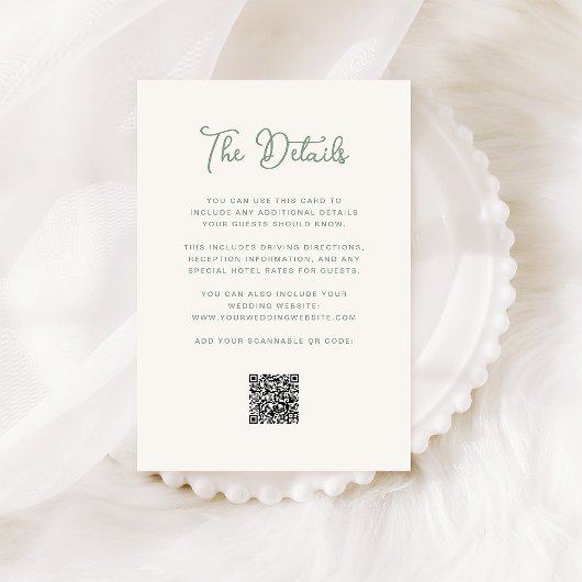 Elfenbein und Sage Green Wedding Guest Details QR  Begleitkarte