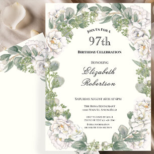 Elfenbein und Salbei-Grün Floral 97. Geburtstag Einladung
