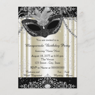 Elfenbein- und Schwarz-Perlen-Glitter-Masquerade-P Einladung