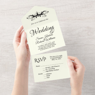 Elfenbein und schwarze Dreifach-Klappe mit RSVP-Ho All In One Einladung