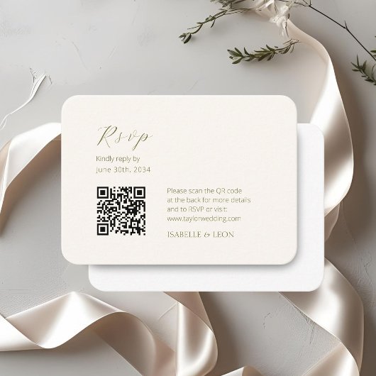 Elfenbein und Weiß | Chic Simple Scrpt QR Code Wed Begleitkarte