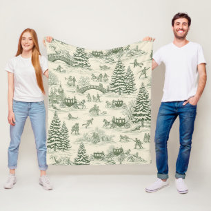 Elfenbein-Waldgrün-Französisches-Land-Winter-Toile Fleecedecke