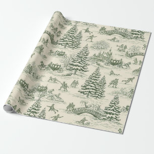 Elfenbein-Waldgrün-Französisches-Land-Winter-Toile Geschenkpapier