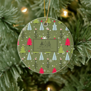 Elfenbein Waldgrün Französisches Land Winter Toile Keramik Ornament