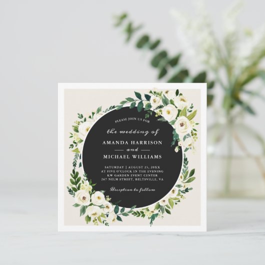 Elfenbein Weiße Grüne Blumenplatz Hochzeit Einladung (Stehend Vorderseite)