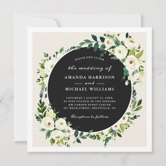 Elfenbein Weiße Grüne Blumenplatz Hochzeit Einladung (Vorderseite)