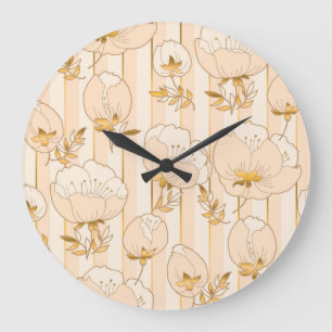 Elfenbeinbeige: Luxuriöses florales Muster. Große Wanduhr