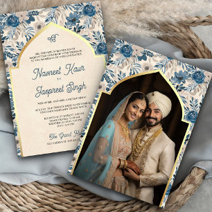 Elfenbeinblaue Florale Foto Anand Karaj Sikh Hochz Einladung