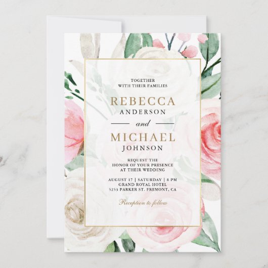 Elfenbeinblush Pink Blütengoldrahmen QR Code Hochz Einladung (Vorderseite)