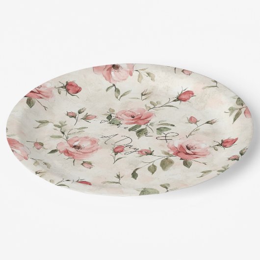 Elfenbeinblush Pink Roses Blumenzehen Pappteller (Schrägansicht)