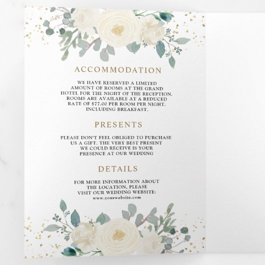 Elfenbeinblütengrün Blätter auf einer Hochzeit Dreifach Gefaltete Einladung (Innen Erste Seite)