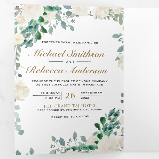 Elfenbeinblütengrün-Blätter QR-Code Hochzeit Dreifach Gefaltete Einladung (Innen Erste Seite)