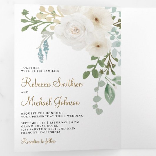 Elfenbeinblütensprecher Grüne Blätter Foto Hochzei Dreifach Gefaltete Einladung (Innen Erste Seite)