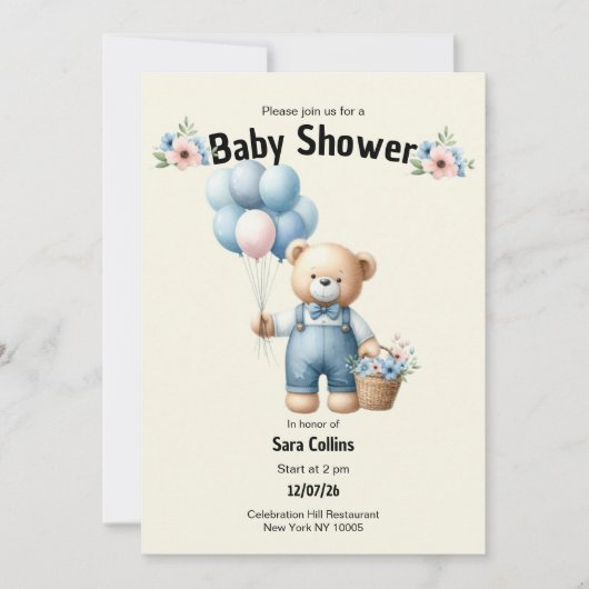 Elfenbeinbraun Bärenballons Blume Babydusche Einladung (Vorderseite)