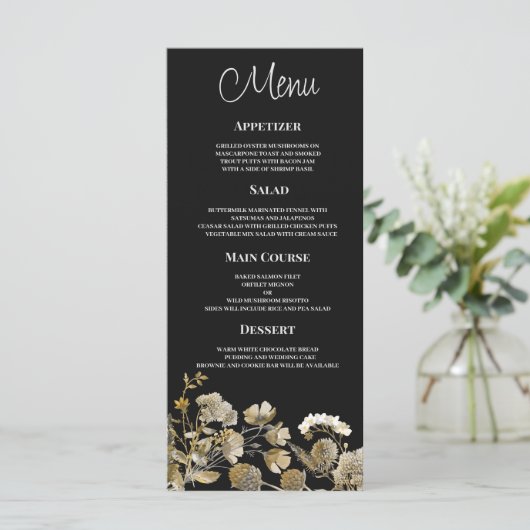 Elfenbeinbraun, schwarze Wildblume - Hochzeitsmenü Programm (Stehend Vorderseite)