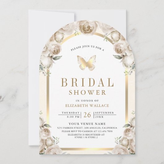 Elfenbeincreme-Arch-Schmetterling-Brautparty Einladung (Vorderseite)