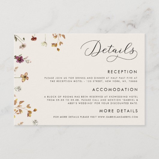 Elfenbeincreme Boho Fall Wildblumen Hochzeitdetail Begleitkarte (Vorderseite)