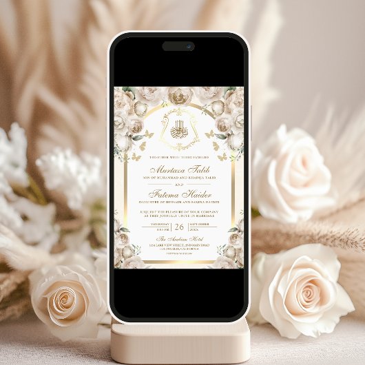 Elfenbeincreme-Flora-Gold-Arch-Hochzeit Einladung
