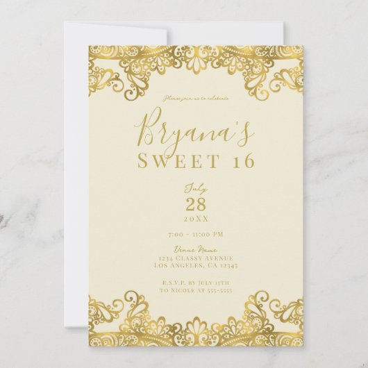 Elfenbeincreme & Gold Spitzen Elegant Sweet 16 Par Einladung (Vorderseite)
