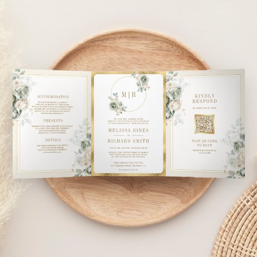 Elfenbeincreme-Käfig Grüne Blüte auf einer Hochzei Dreifach Gefaltete Einladung