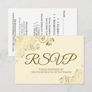 Elfenbeincreme mit elegantem Gold Lace Frilly Wedd RSVP Karte