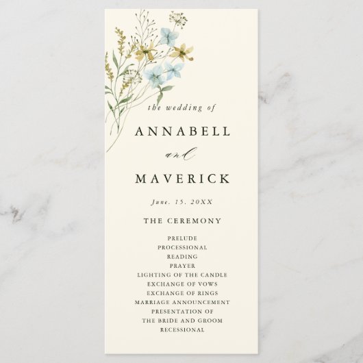 Elfenbeindelikate Wildblume Moderne Boho Wedding Programm (Vorderseite)