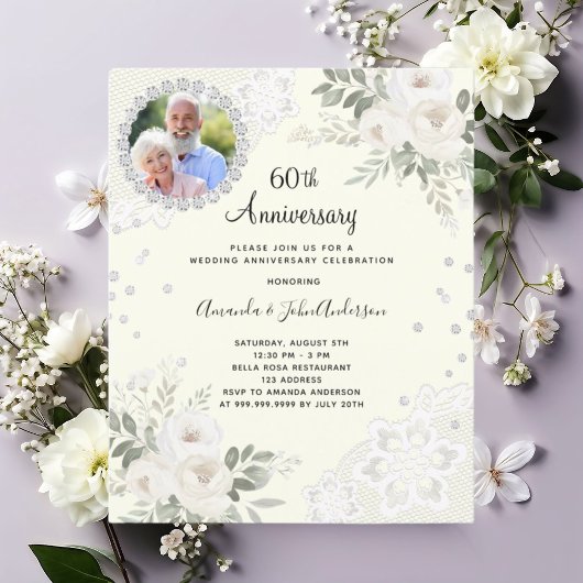 Elfenbeindiamanten-Florale 60. Hochzeitseinladung