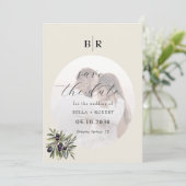 Elfenbeinerner Olivenzweig Monogramm Foto Hochzeit Save The Date (Stehend Vorderseite)