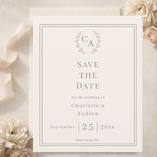 Elfenbeinernes monogrammgekränztes Hochzeits-Save- Flyer