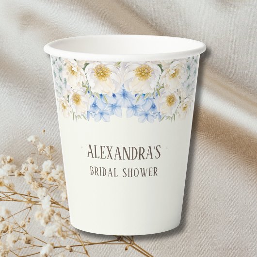 Elfenbeinfarbene blaue Hortensien-Garten-Brautpart Pappbecher