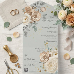Elfenbeinfarbene Hochzeit mit floralen Motiven auf All In One Einladung