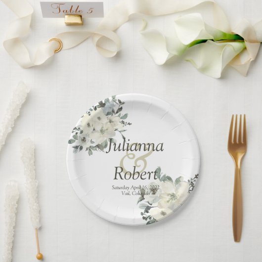 Elfenbeinfarbene Hochzeitszeitung mit Blumenmuster Pappteller (Hochzeit)