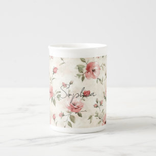 Elfenbeinfarbene Rosen mit rosa Blüten Blumen   Porzellantasse