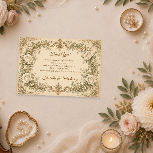 Elfenbeinfarbene Rosenhochzeit Dankeskarte