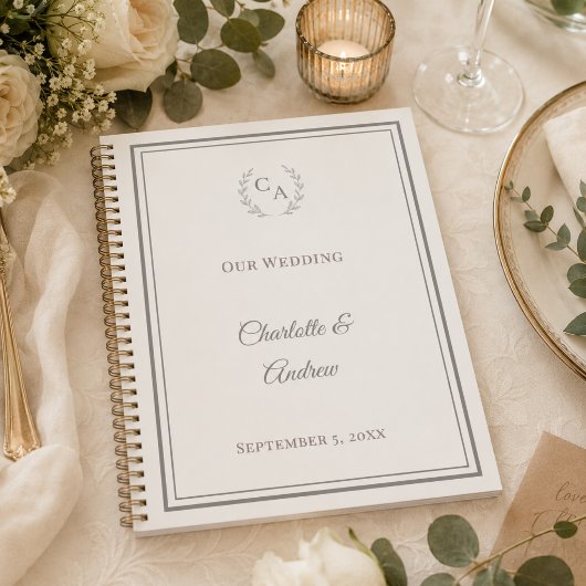 Elfenbeinfarbene Taupe-Monogramm-Hochzeit Planer