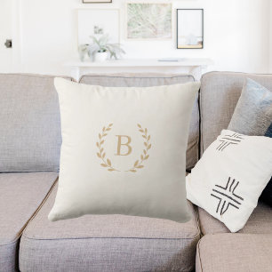 Elfenbeinfarbener goldener monogrammierter Kranz e Kissen