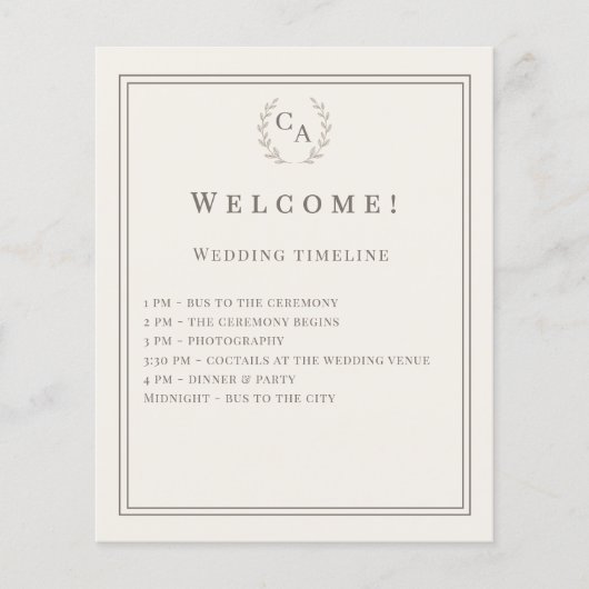 Elfenbeinfarbenes Hochzeitsprogramm mit Monogramm (Vorne)