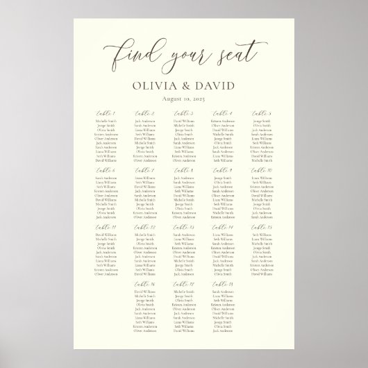 Elfenbeinfarbenskript & Taupe 18 Tische Seating Ch Poster (Vorne)